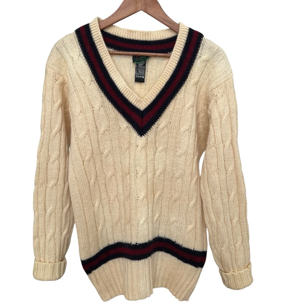 Vintage Abercrombie & Fitch Cream Wool Varsity Cable Knit Cricket Sweater Medium
